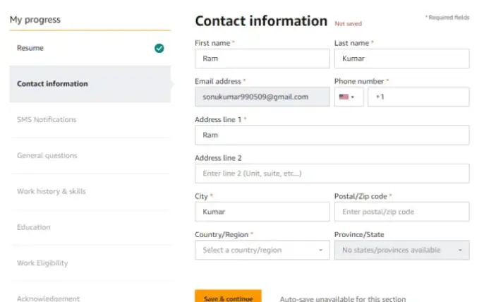 2025 में Amazon में जॉब कैसे पाए - पूरी जानकारी 7 इसके बाद आपसे आपकी Contact Information जैसे अपना नाम, लास्ट नाम, E mail ID, फोन नंबर, एड्रेस, पिन कोड, इत्यादि जानकारी मांगी जायेगी