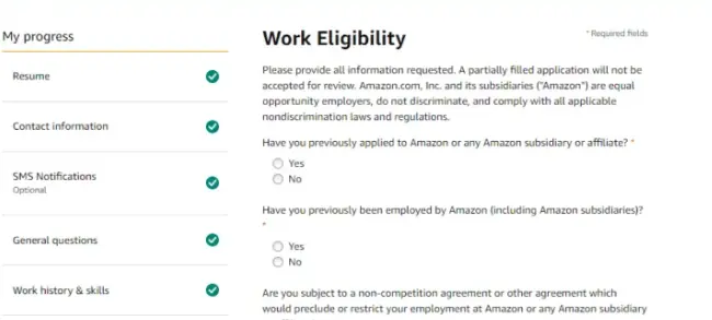 2025 में Amazon में जॉब कैसे पाए - पूरी जानकारी 12 इसके बाद आपको अपनी Work Eligibility के बारे में बताना होगा